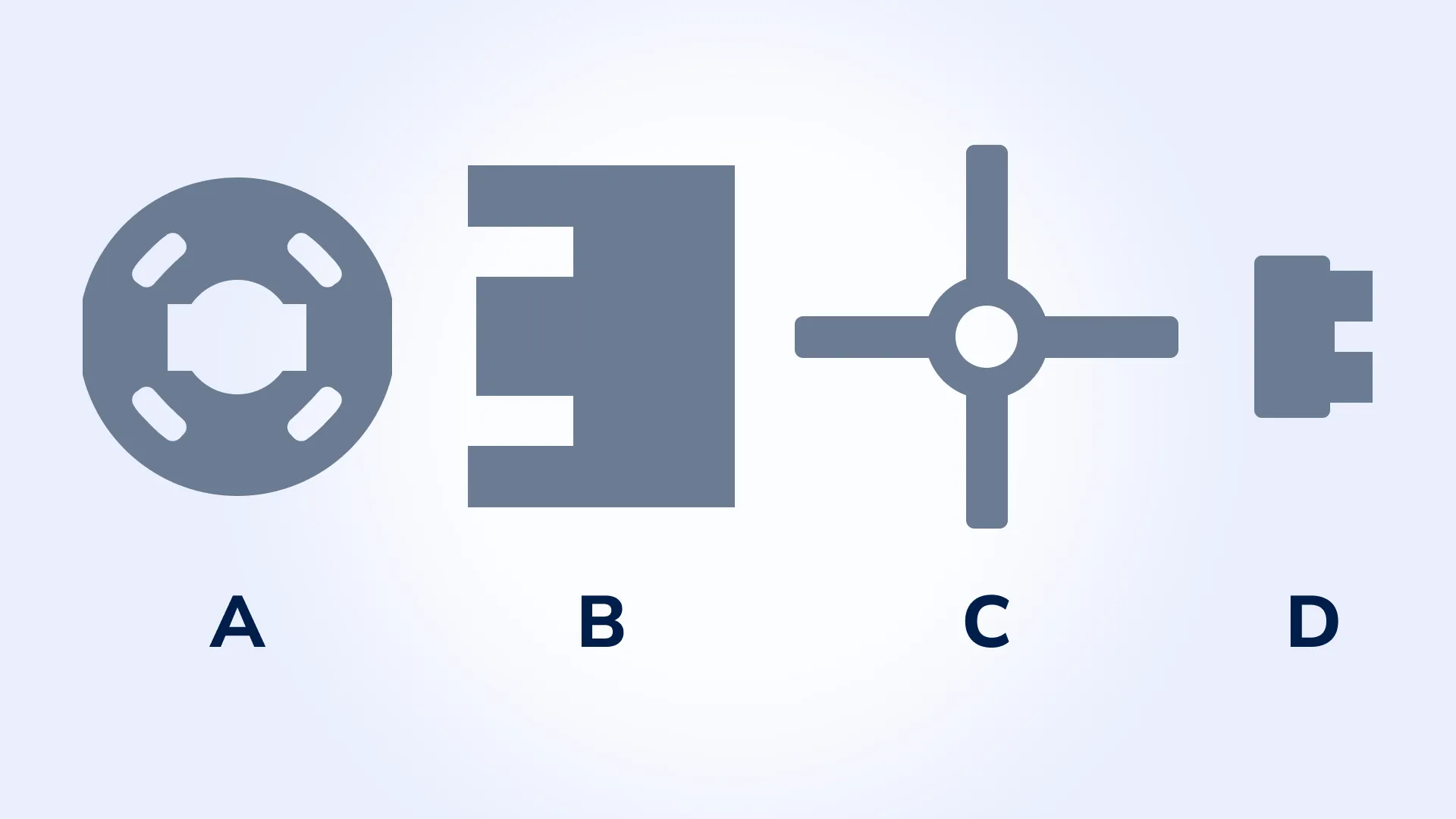 All four unique patterns are labeled: A (1 copy), B (2 copies), C (4 copies), D (8 copies)