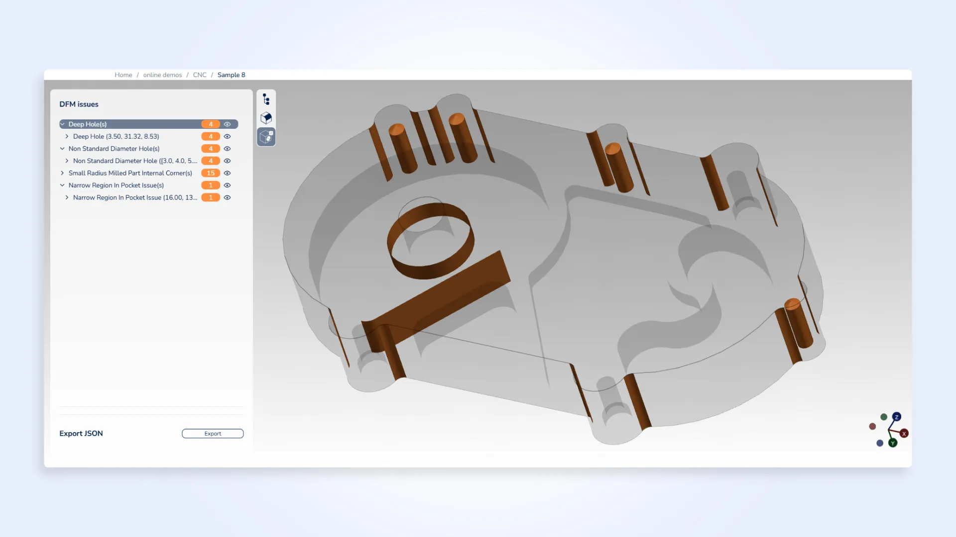MTK online demo showing DFM issues in a part to be machined MTK online demo showing DFM issues in a part to be machined