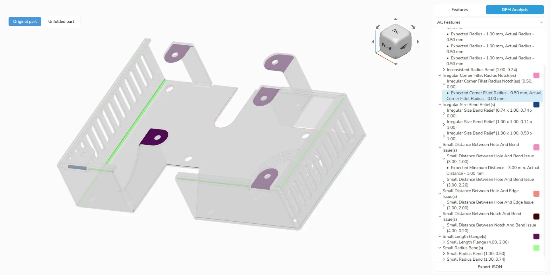 Sheet metal DFM analysis UI example