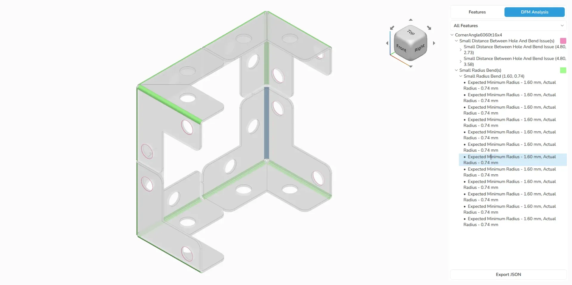 Sheet metal DFM analysis UI example